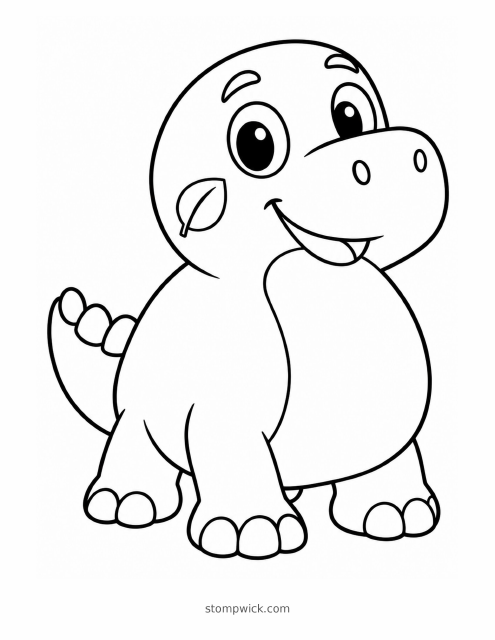 Stompwick coloring page showing a smiling dinosaur, with stompwick.com footer